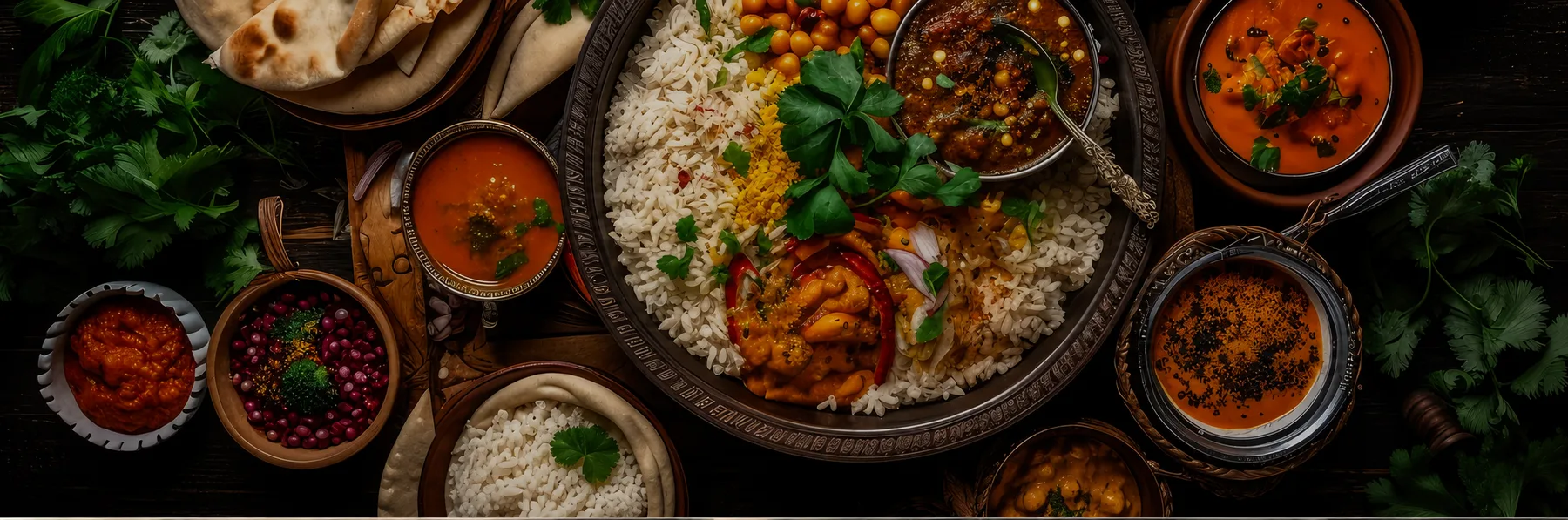 Overhead spread of Indian dishes on dark wood: biryani, curries, chutneys, naan, and chai