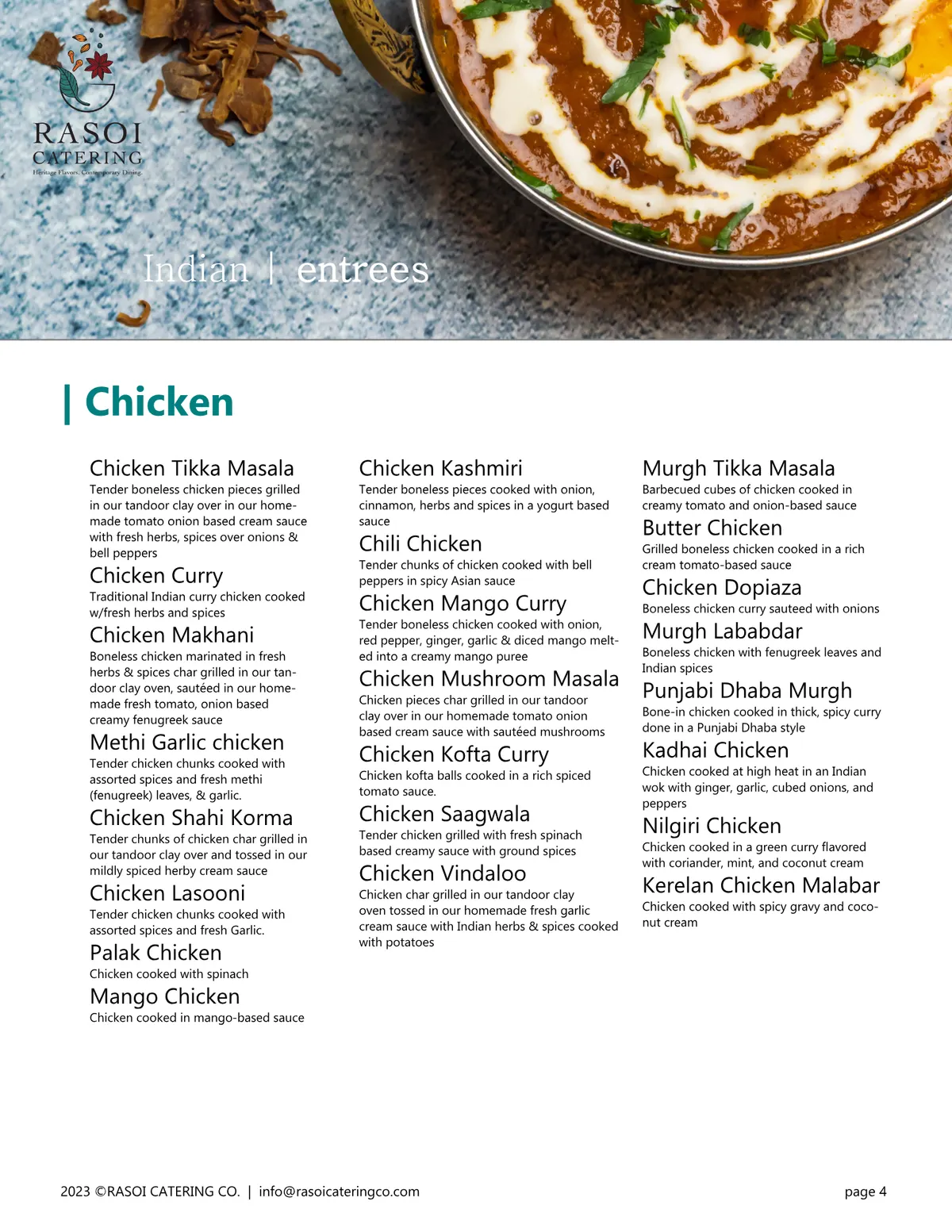 North Indian menu page 4