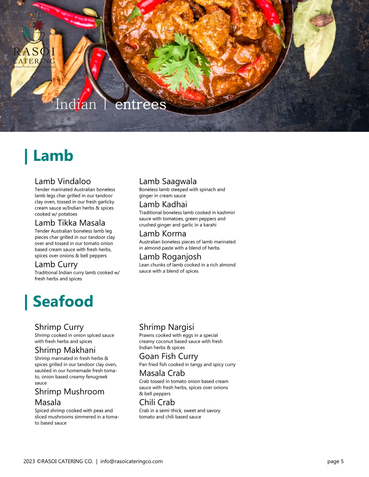 North Indian menu page 5