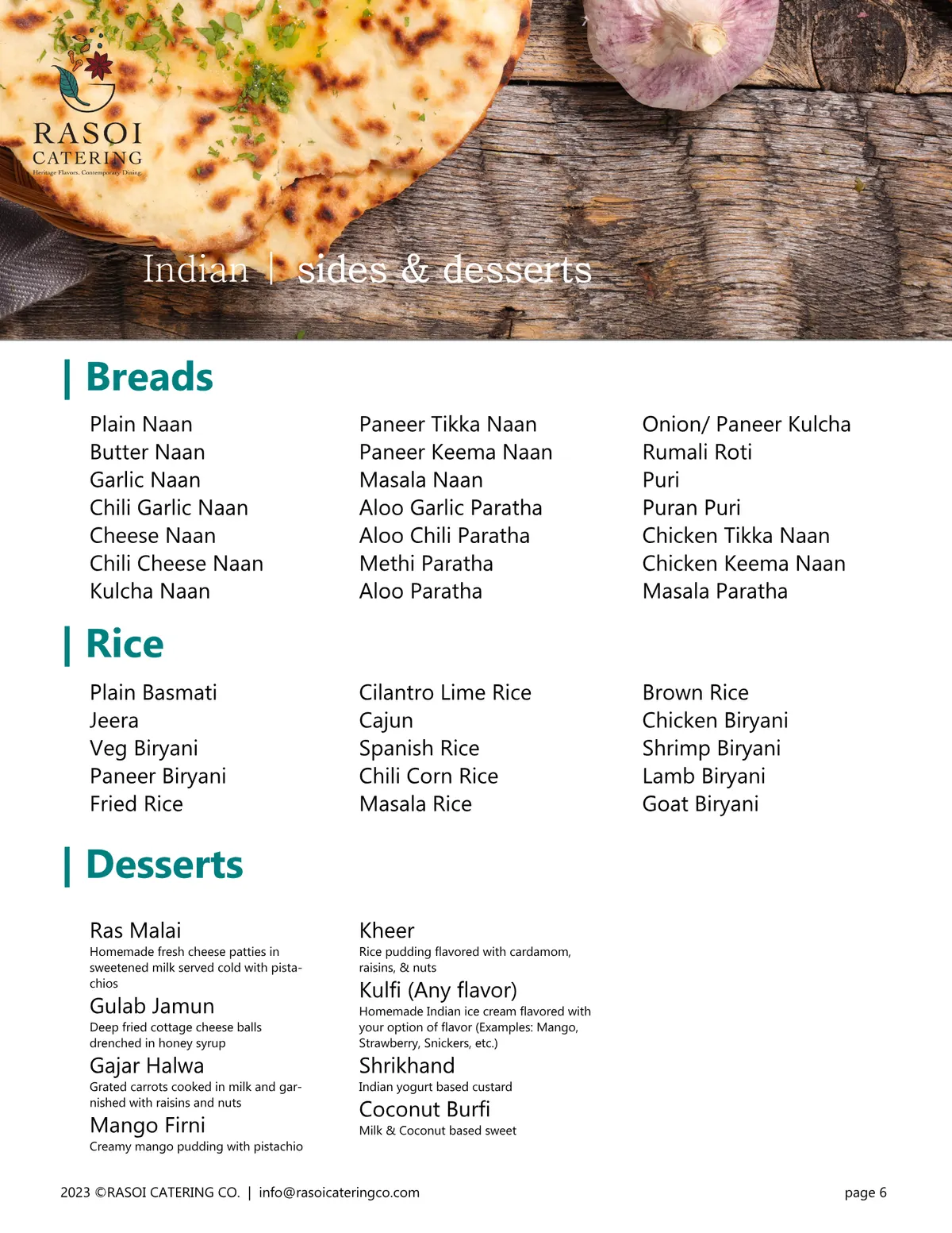 North Indian menu page 6